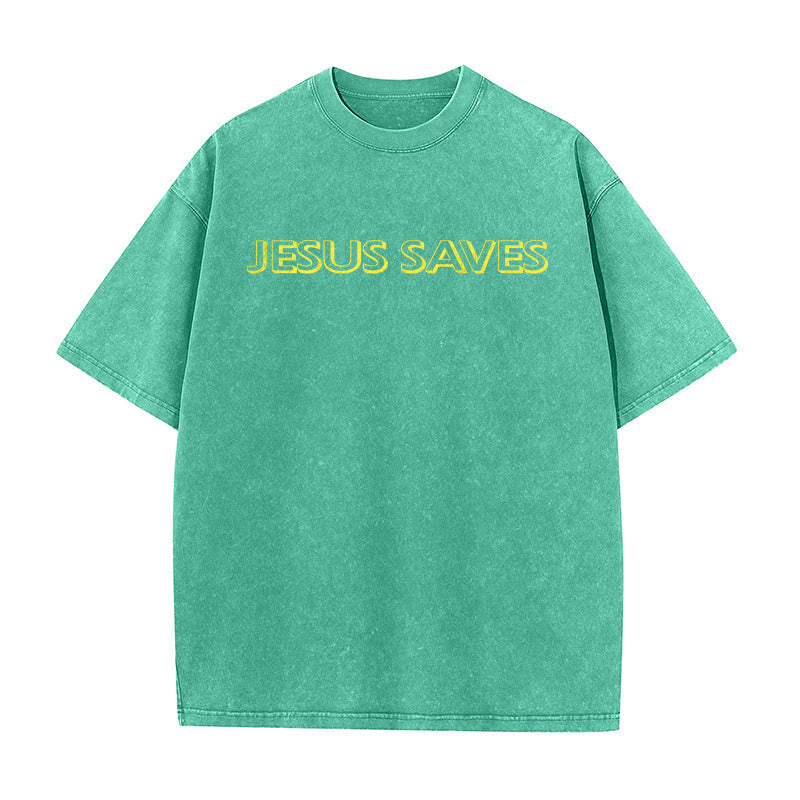 Christianartworkshop Jesus Saves Repeat Text Unisex Washed T-Shirt