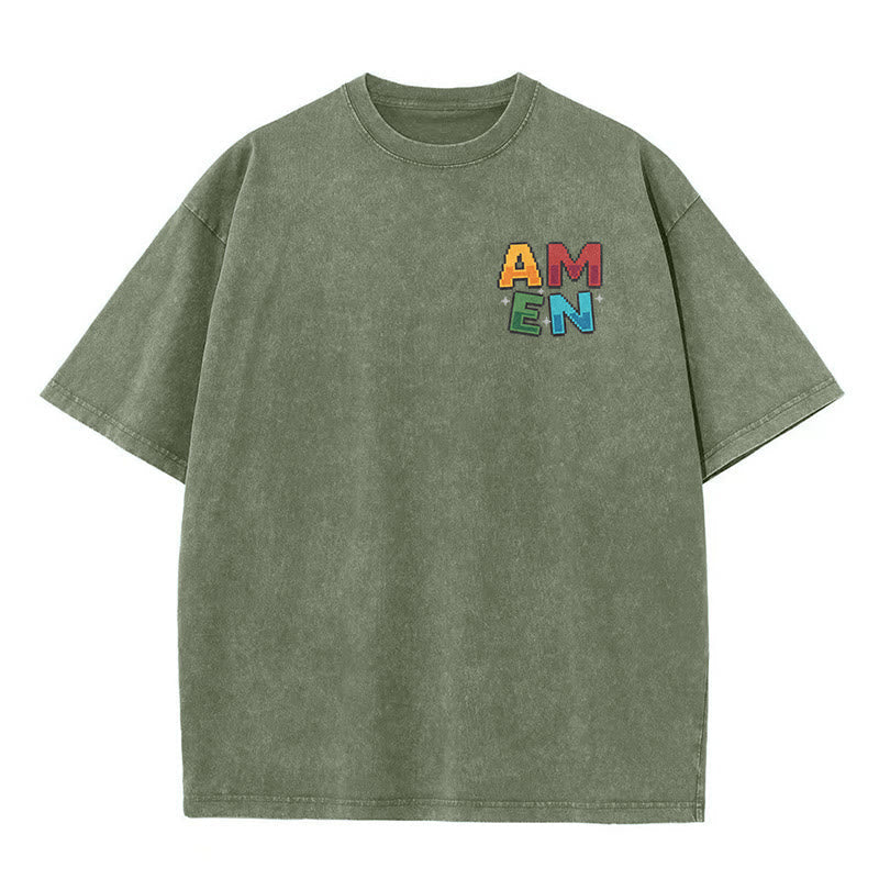 Christianartworkshop Amen Pixel Art Agree Move End Never Acronym Front And Back Print Washed T-Shirt