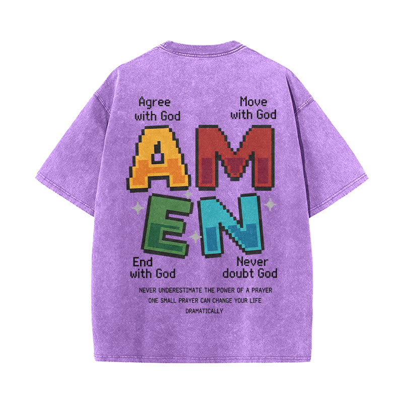 Christianartworkshop Amen Pixel Art Agree Move End Never Acronym Front And Back Print Washed T-Shirt