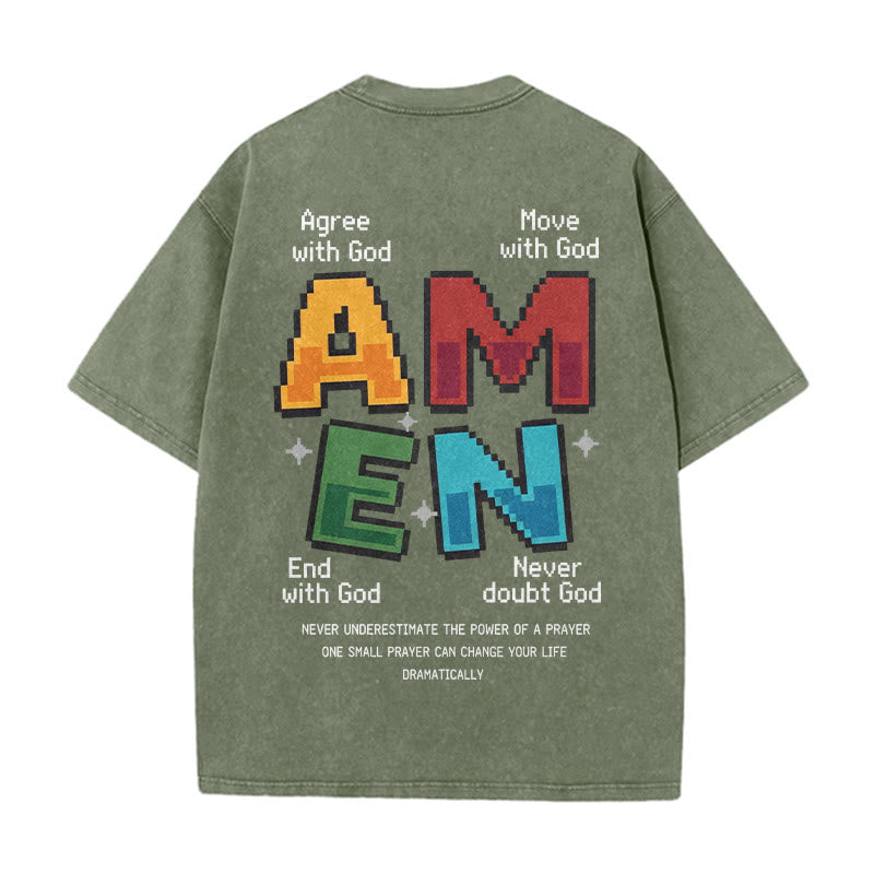 Christianartworkshop Amen Pixel Art Agree Move End Never Acronym Front And Back Print Washed T-Shirt