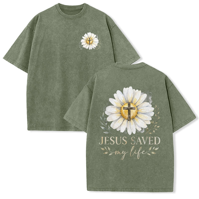 Christianartworkshop Jesus Saved My Life Watercolor Daisy Cross Front And Back Print Washed T-Shirt