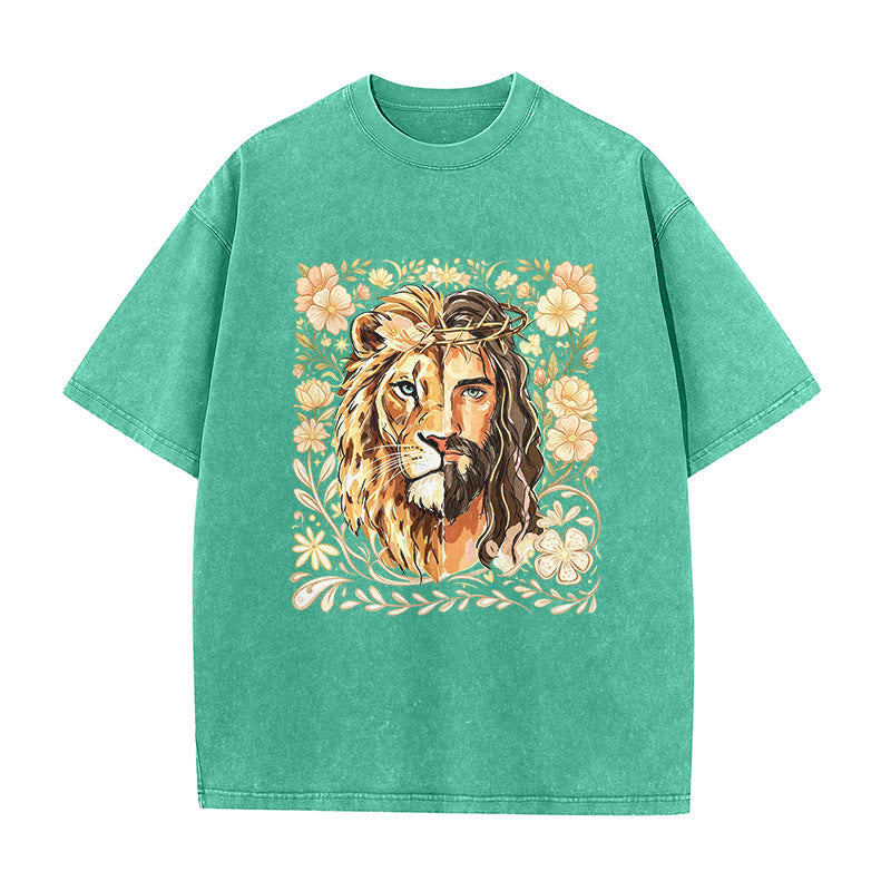Christianartworkshop Lion of Judah Floral Faith Statement Washed Unisex T-Shirt