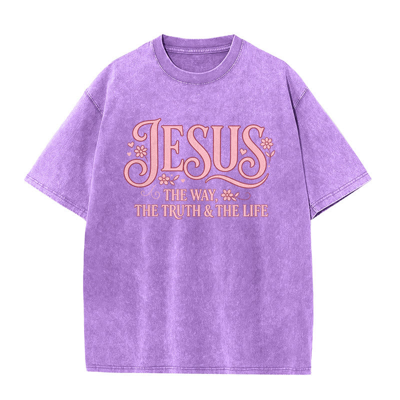 Christianartworkshop Decorative Floral "Jesus The Way The Truth & The Life" Washed Unisex T-Shirt