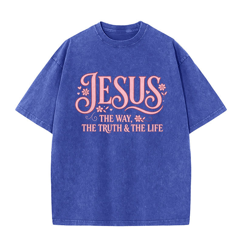 Christianartworkshop Decorative Floral "Jesus The Way The Truth & The Life" Washed Unisex T-Shirt