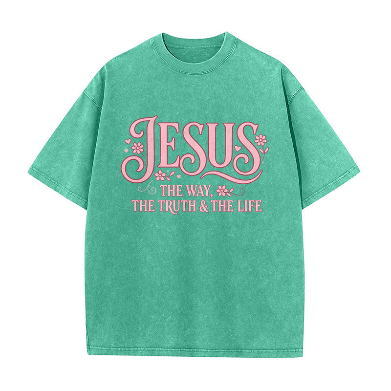 Christianartworkshop Decorative Floral "Jesus The Way The Truth & The Life" Washed Unisex T-Shirt
