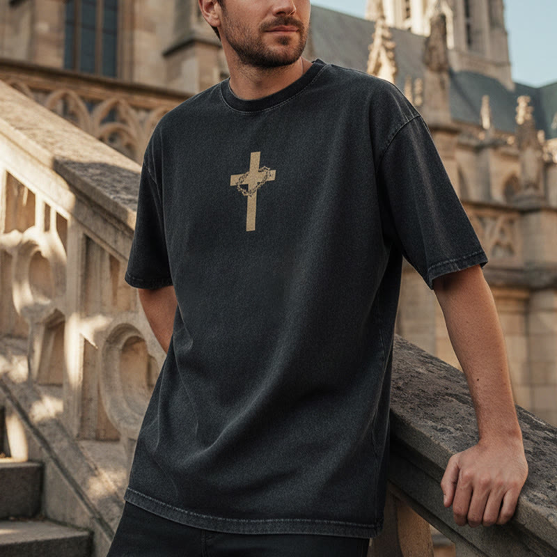 Christianartworkshop Cross with Crown of Thorns Detail Washed Unisex T-Shirt