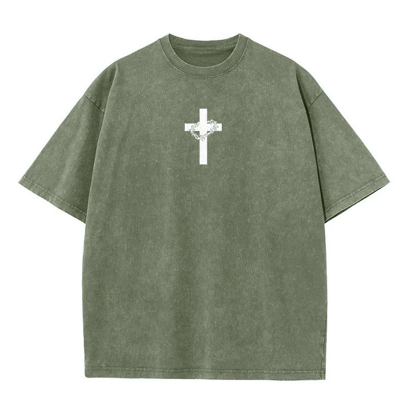Christianartworkshop Cross with Crown of Thorns Detail Washed Unisex T-Shirt