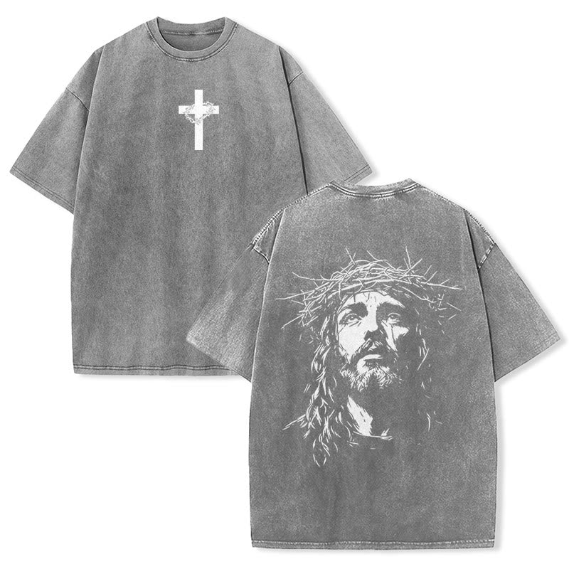 Christianartworkshop Cross with Crown of Thorns Detail Washed Unisex T-Shirt