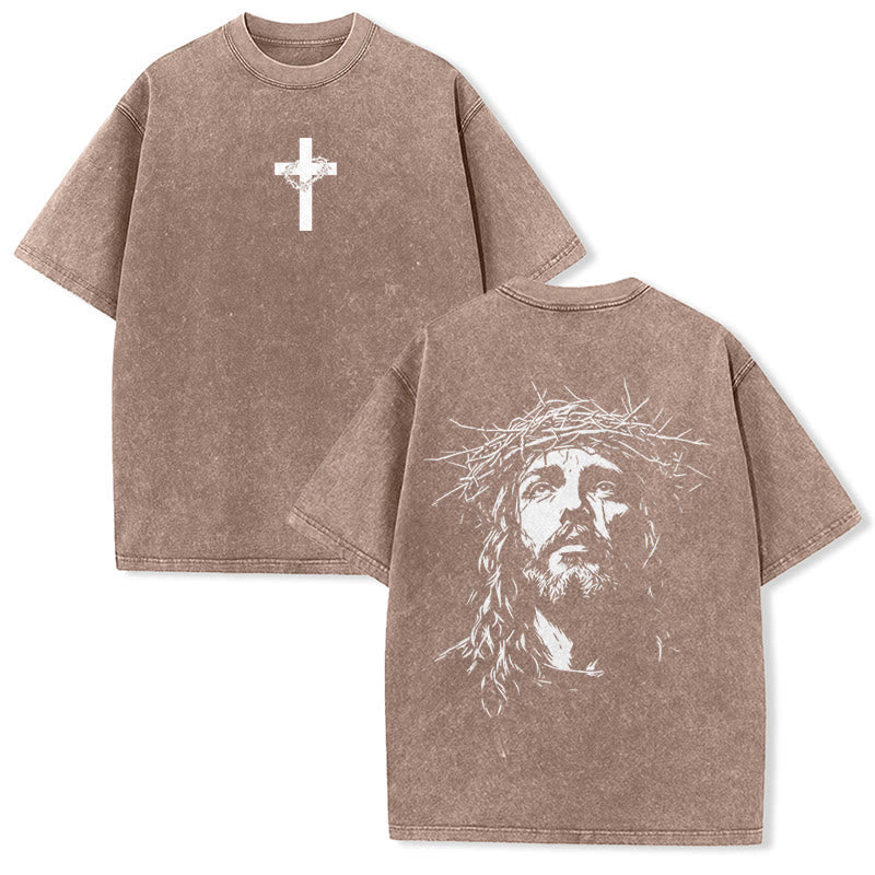 Christianartworkshop Cross with Crown of Thorns Detail Washed Unisex T-Shirt