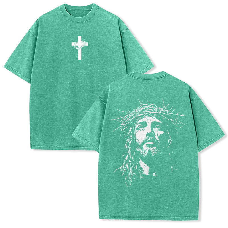 Christianartworkshop Cross with Crown of Thorns Detail Washed Unisex T-Shirt