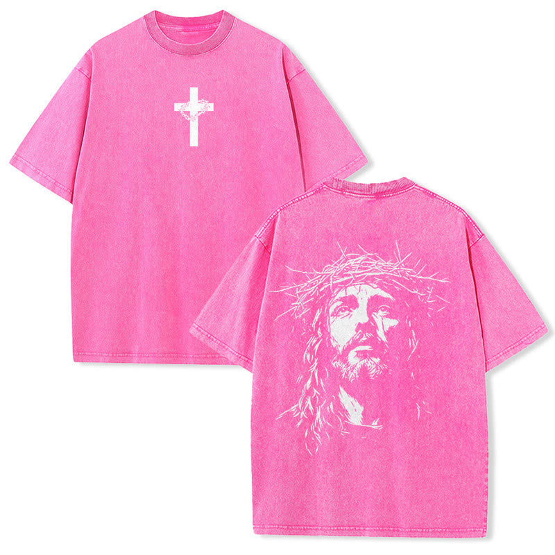 Christianartworkshop Cross with Crown of Thorns Detail Washed Unisex T-Shirt