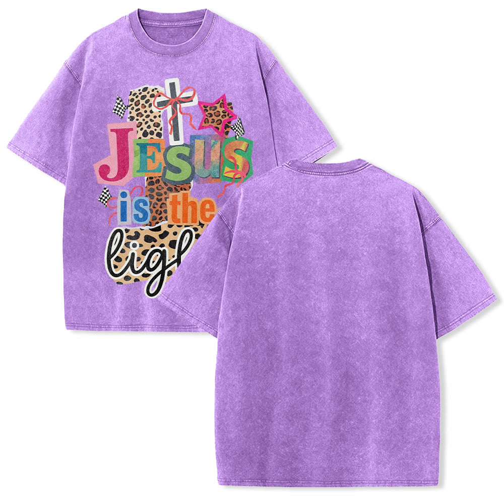 Christianartworkshop Jesus Is The Light Leopard Cross Bow Star Graphic Washed Unisex T-Shirt