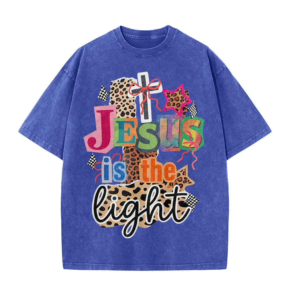 Christianartworkshop Jesus Is The Light Leopard Cross Bow Star Graphic Washed Unisex T-Shirt
