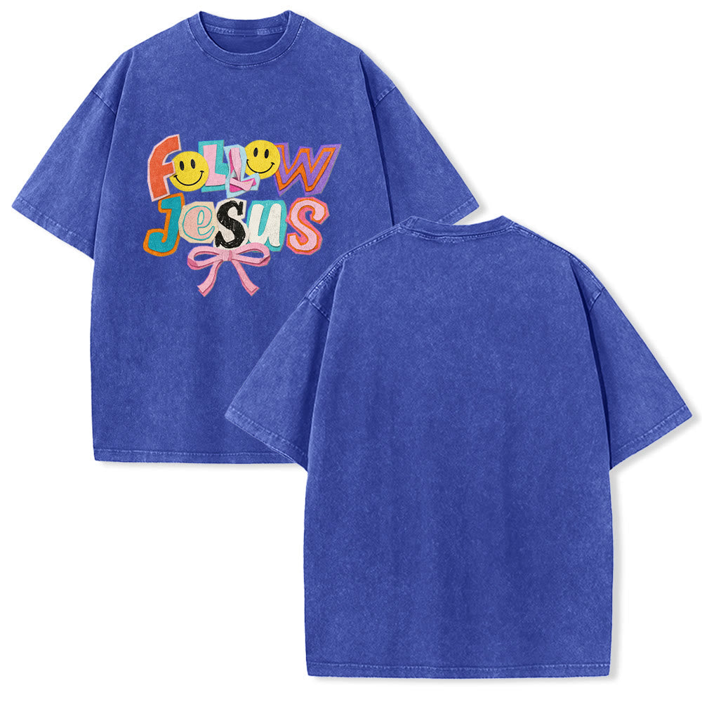Christianartworkshop Follow Jesus Smile Bow Color Block Letter Washed Unisex T-Shirt