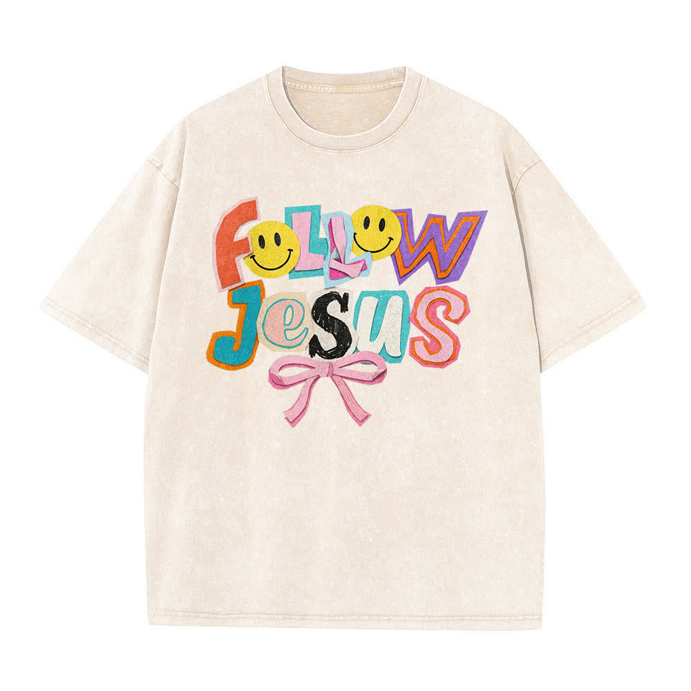 Christianartworkshop Follow Jesus Smile Bow Color Block Letter Washed Unisex T-Shirt