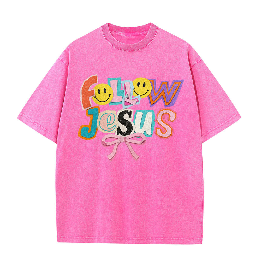Christianartworkshop Follow Jesus Smile Bow Color Block Letter Washed Unisex T-Shirt