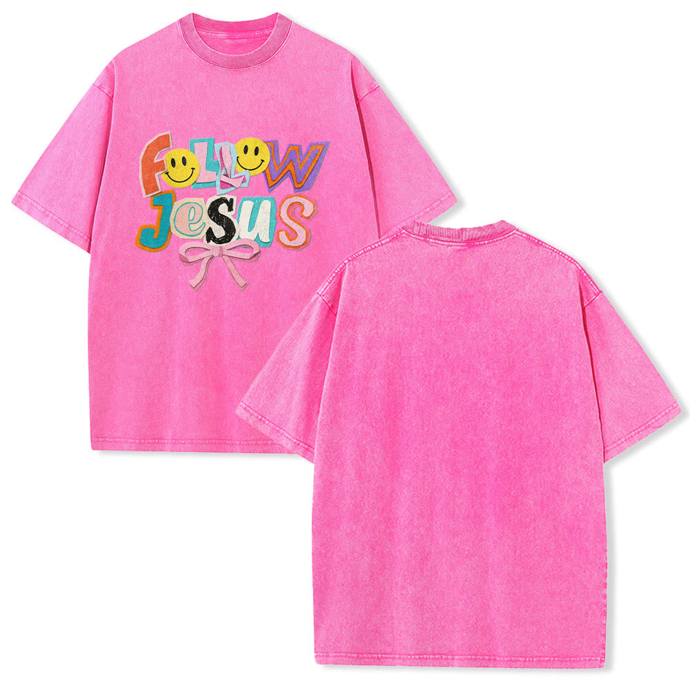 Christianartworkshop Follow Jesus Smile Bow Color Block Letter Washed Unisex T-Shirt