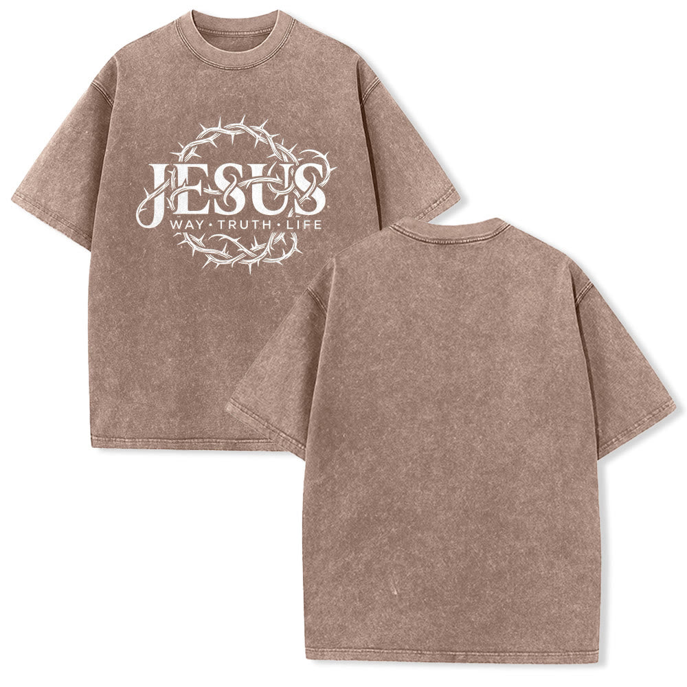 Christianartworkshop Jesus Way Truth Life Crown Of Thorns Circular Graphic Washed Unisex T-Shirt