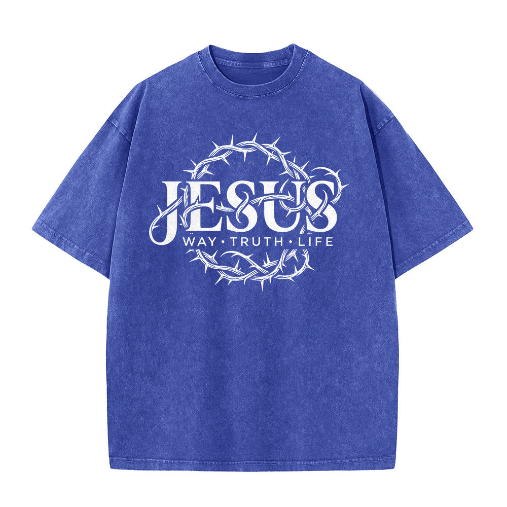 Christianartworkshop Jesus Way Truth Life Crown Of Thorns Circular Graphic Washed Unisex T-Shirt