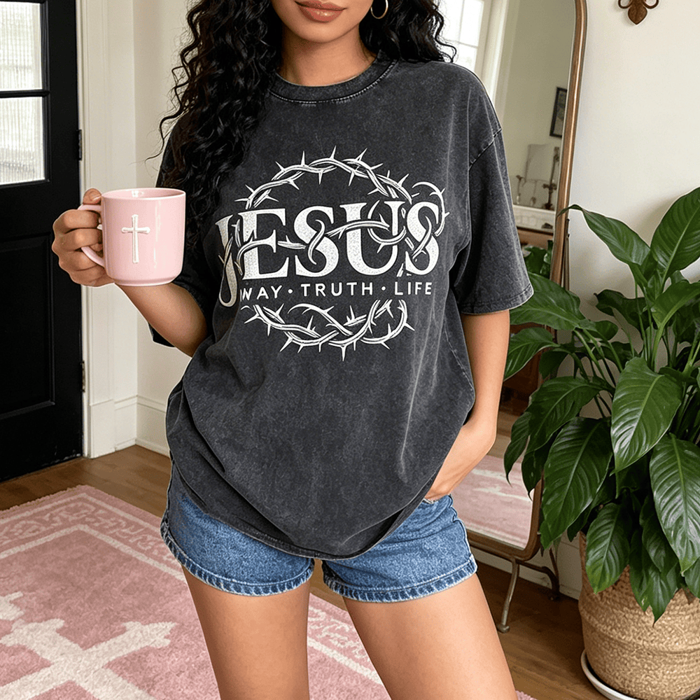 Christianartworkshop Jesus Way Truth Life Crown Of Thorns Circular Graphic Washed Unisex T-Shirt