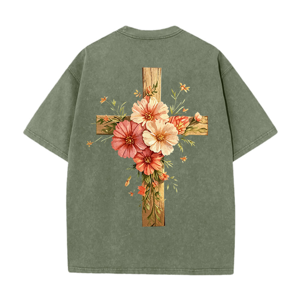 Christianartworkshop Jesus Is The Light Double Sided Floral Cross Graphic Washed Unisex T-Shirt