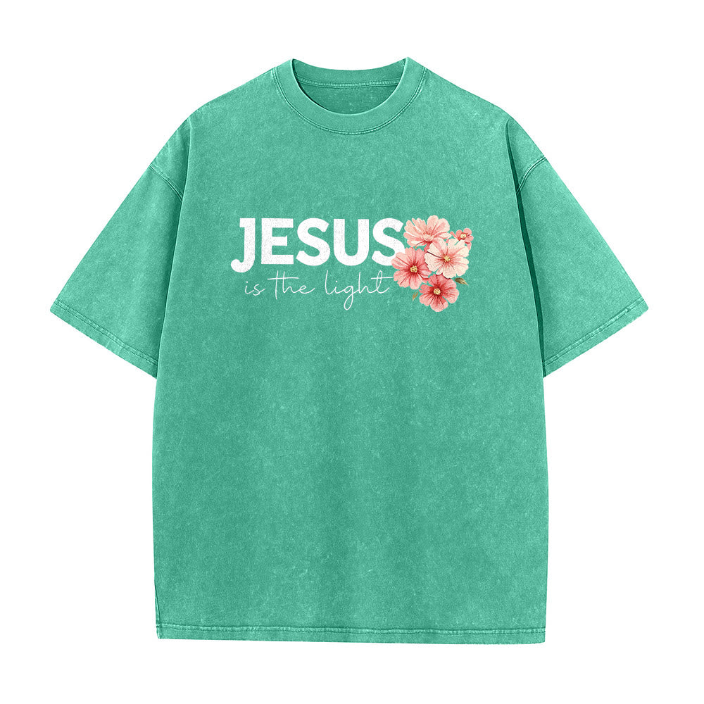 Christianartworkshop Jesus Is The Light Double Sided Floral Cross Graphic Washed Unisex T-Shirt