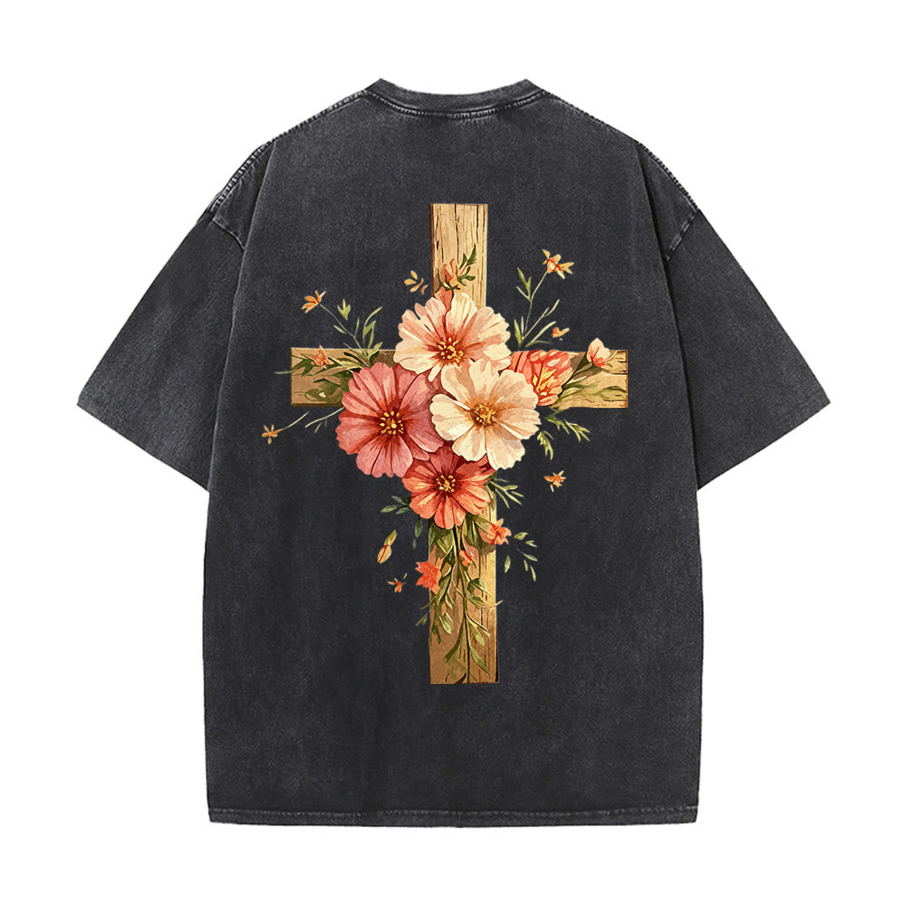 Christianartworkshop Jesus Is The Light Double Sided Floral Cross Graphic Washed Unisex T-Shirt