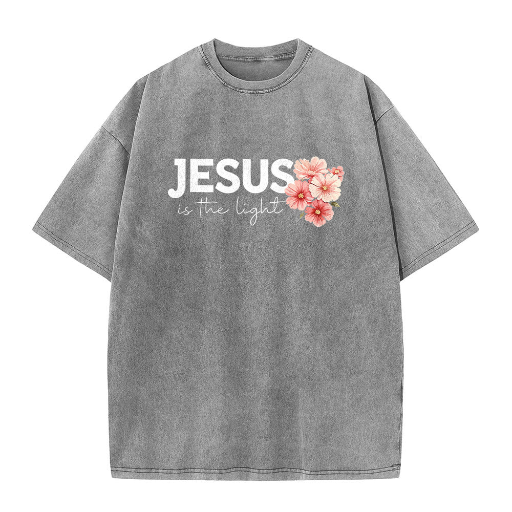 Christianartworkshop Jesus Is The Light Double Sided Floral Cross Graphic Washed Unisex T-Shirt