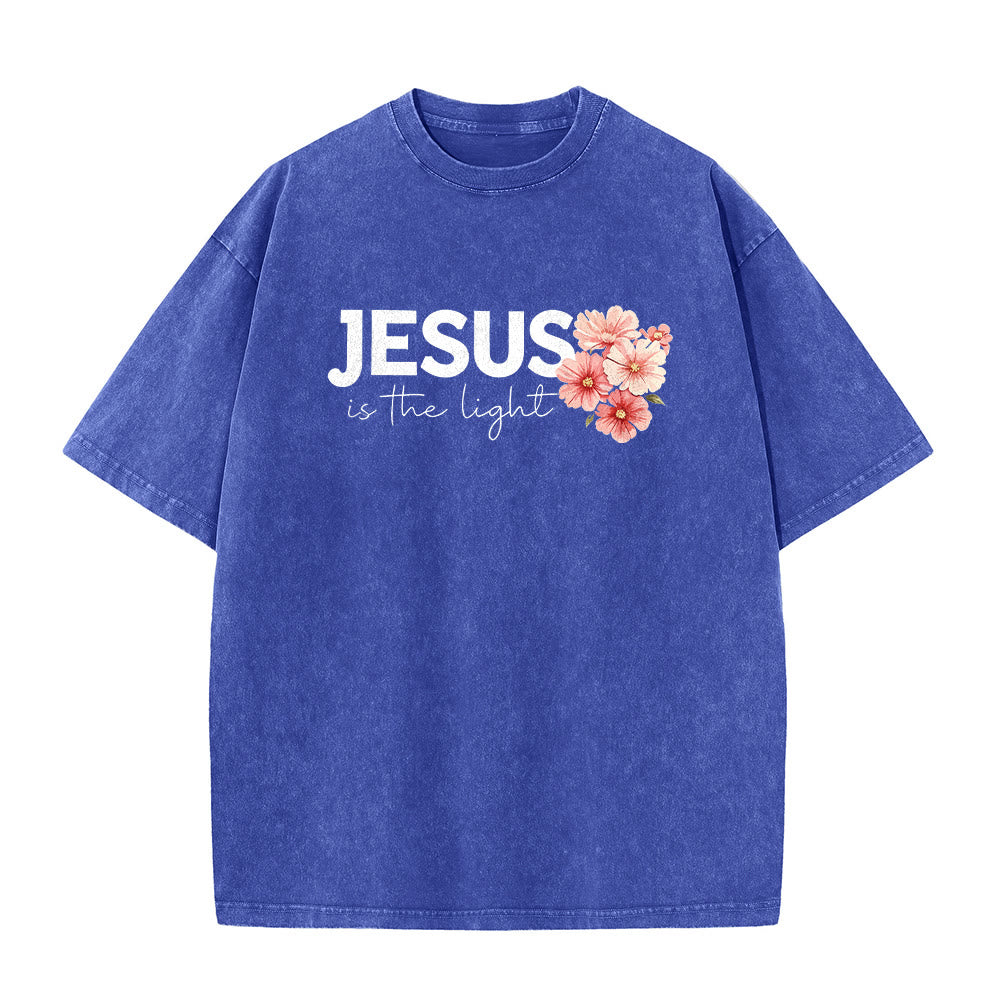 Christianartworkshop Jesus Is The Light Double Sided Floral Cross Graphic Washed Unisex T-Shirt