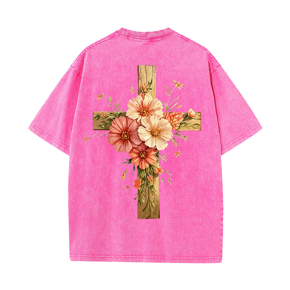 Christianartworkshop Jesus Is The Light Double Sided Floral Cross Graphic Washed Unisex T-Shirt