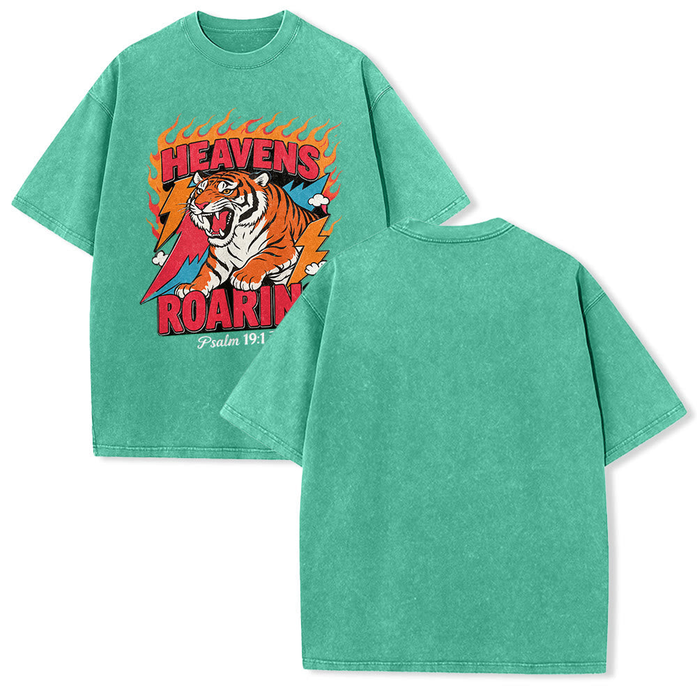 Christianartworkshop Heavens Roaring Tiger Flame Lightning Psalm 19:1 Retro Washed Unisex T-Shirt