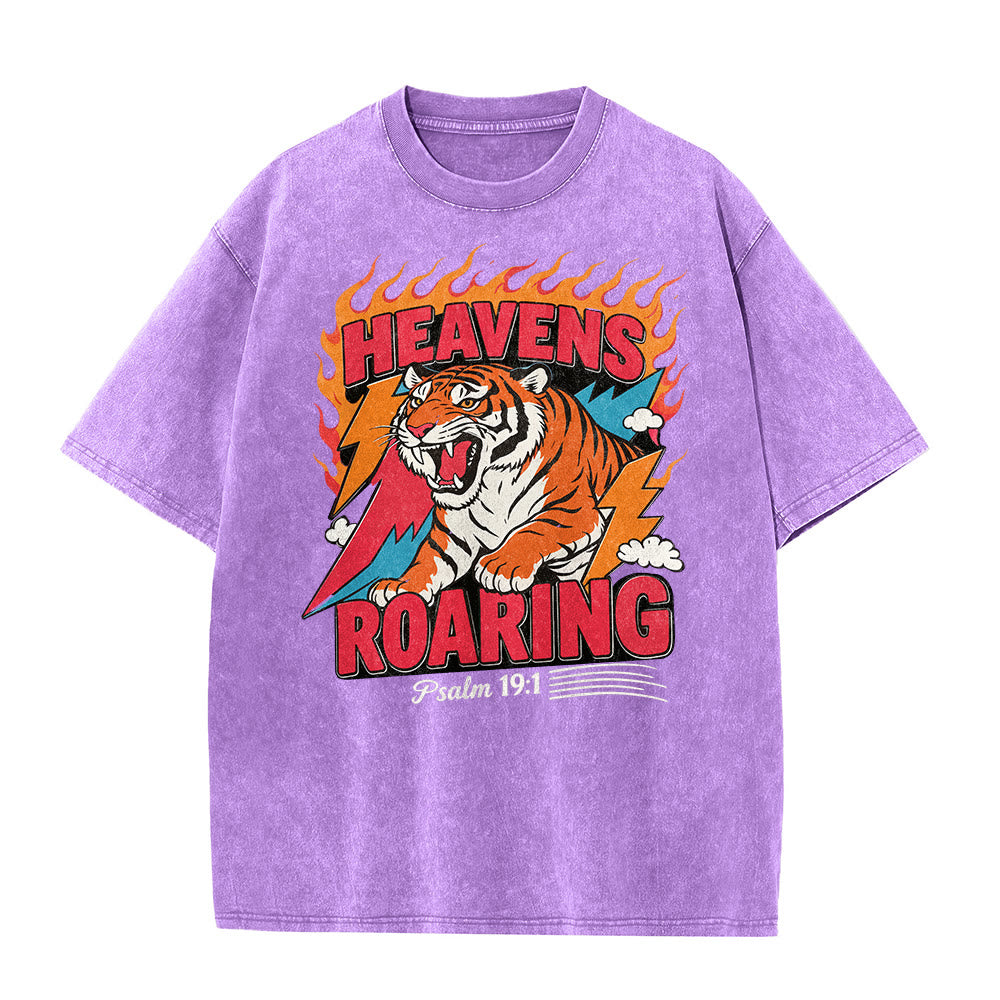 Christianartworkshop Heavens Roaring Tiger Flame Lightning Psalm 19:1 Retro Washed Unisex T-Shirt