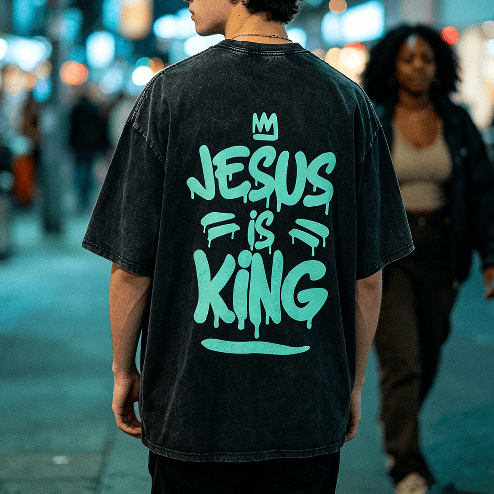 Christianartworkshop Jesus Is King Drip Graffiti Crown Back Print Vintage Washed Unisex T-Shirt