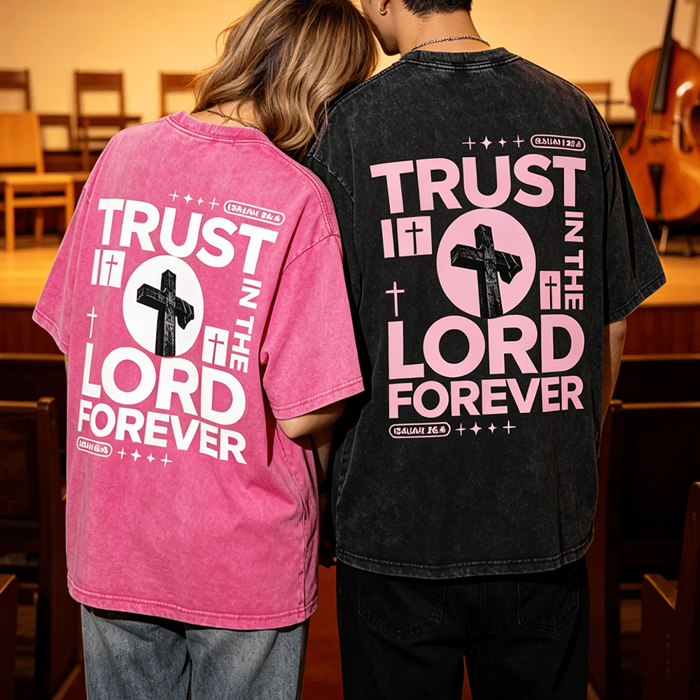 Christianartworkshop Trust In The Lord Forever Cross Star Verse Back Print Vintage Washed Unisex T-Shirt