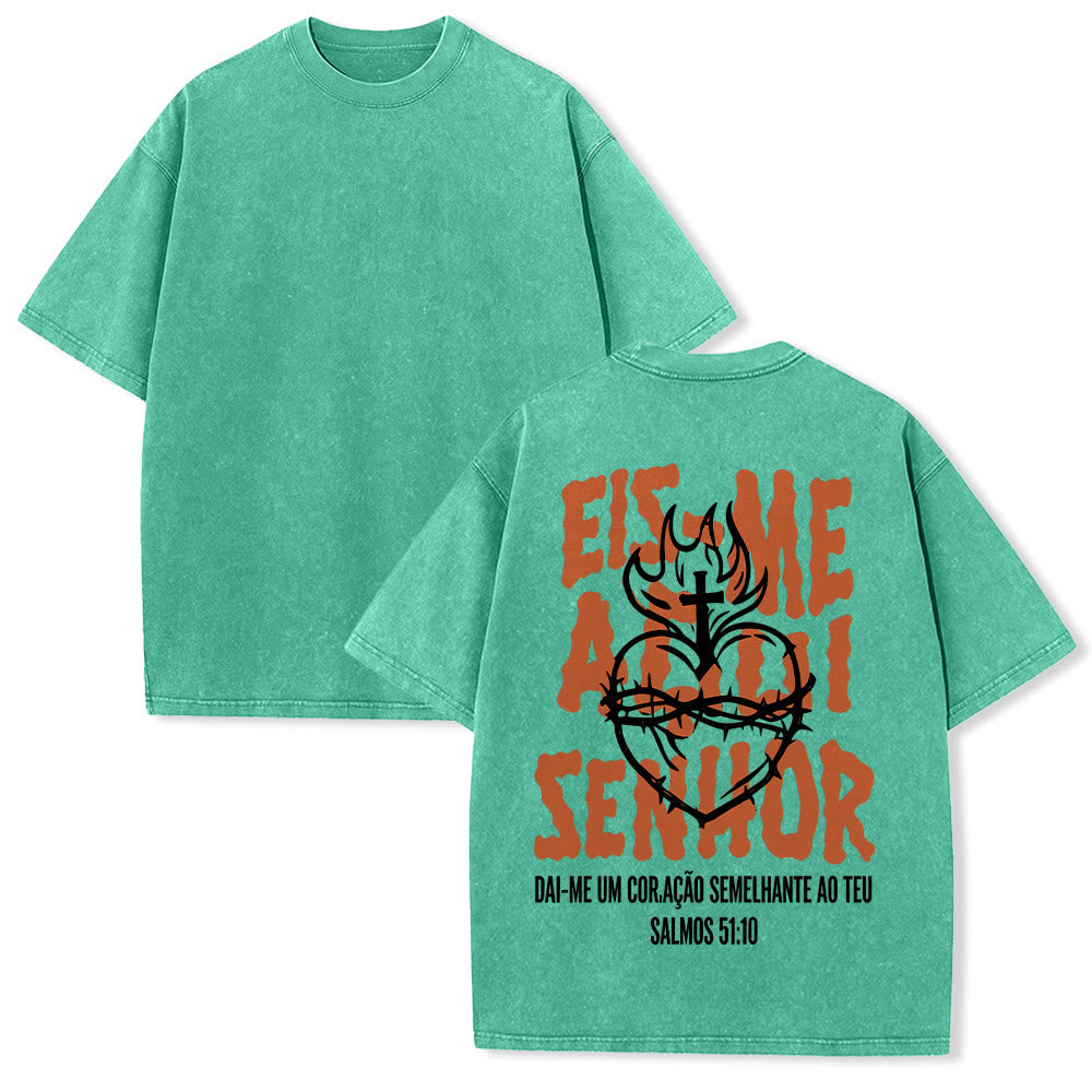 Christianartworkshop Portuguese Spiritual Phrase Thorn Sacred Heart Cross Flame Back Graphic Washed Unisex T-Shirt