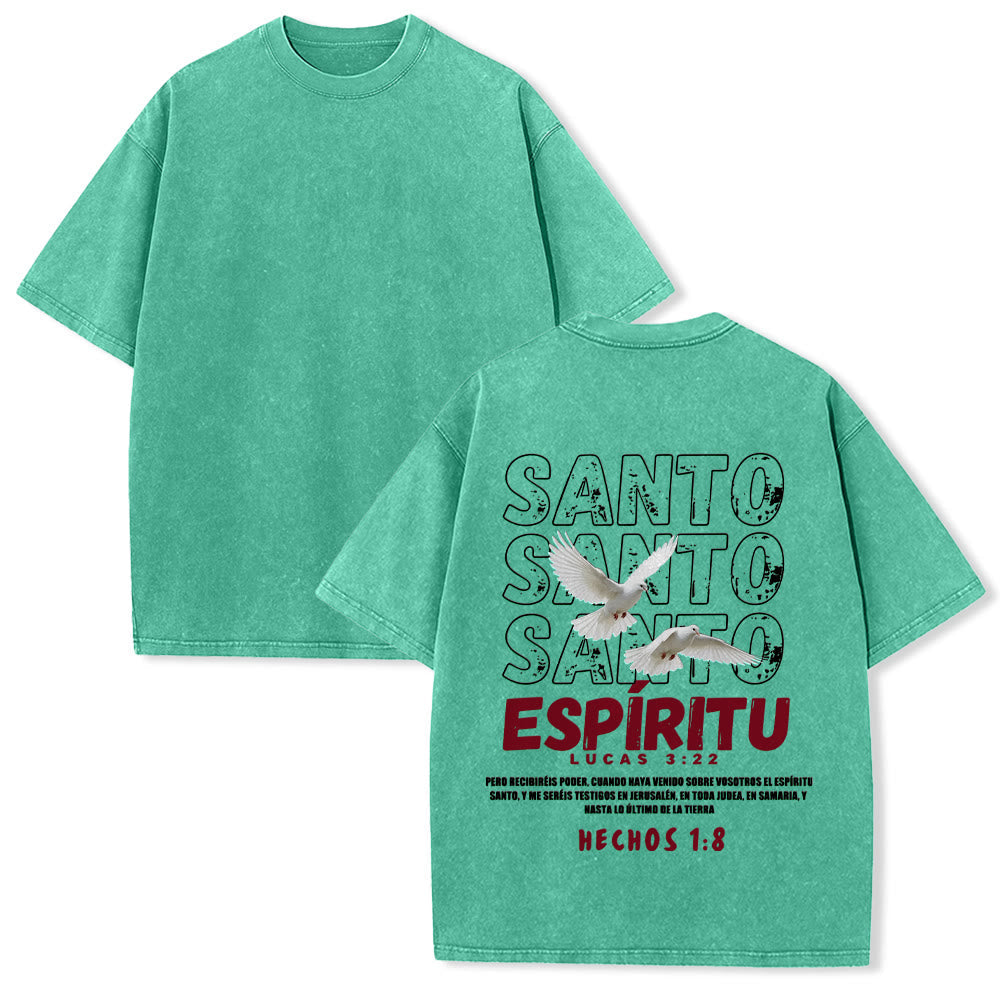 Christianartworkshop Spanish Holy Spirit Slogan Double Dove Distressed Font Back Graphic Washed Unisex T-Shirt