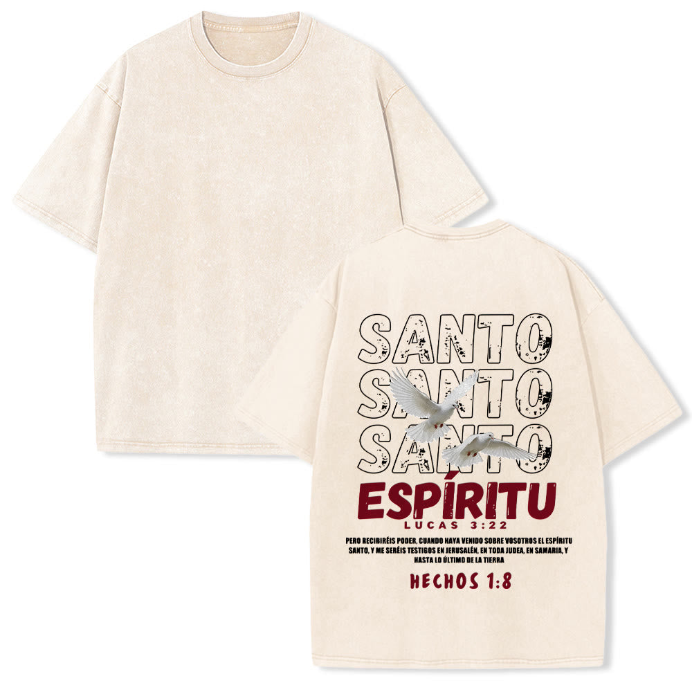 Christianartworkshop Spanish Holy Spirit Slogan Double Dove Distressed Font Back Graphic Washed Unisex T-Shirt