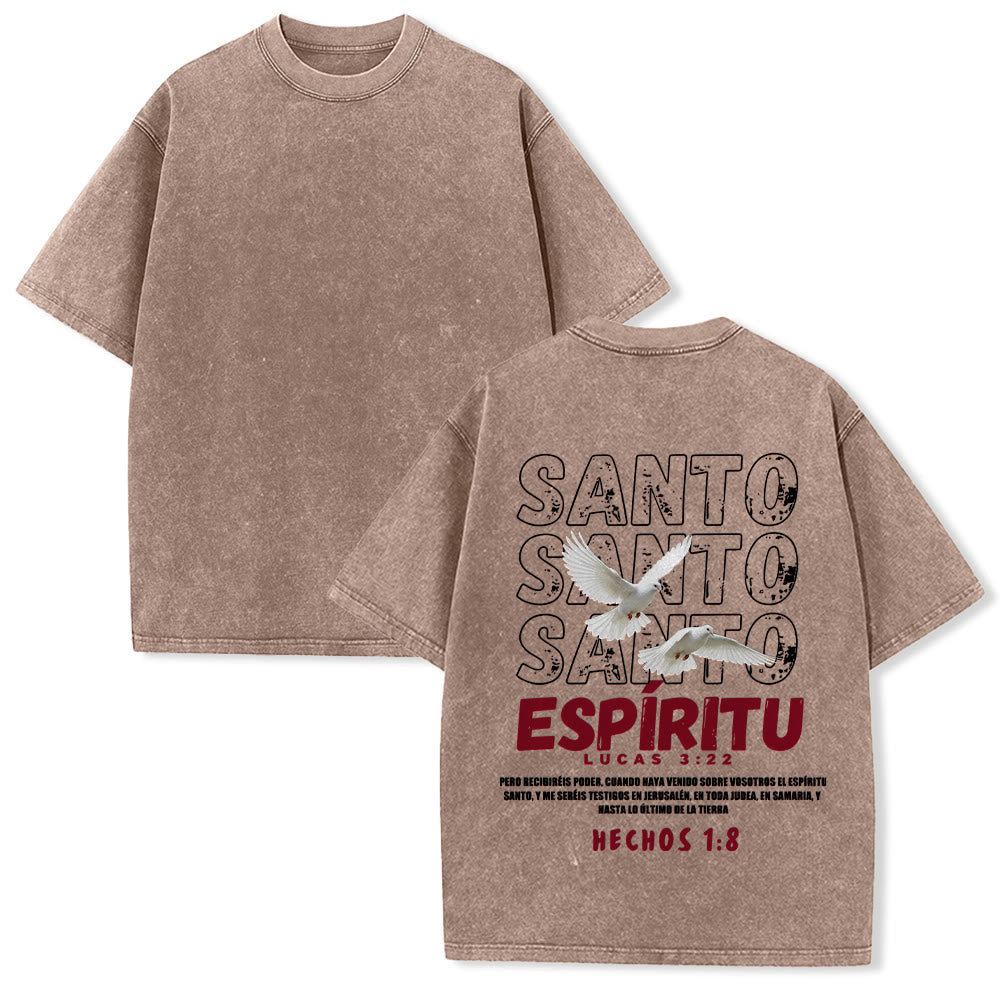 Christianartworkshop Spanish Holy Spirit Slogan Double Dove Distressed Font Back Graphic Washed Unisex T-Shirt