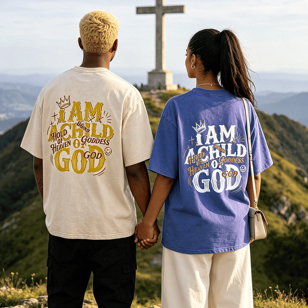 Christianartworkshop I Am A Child Of God Crown Cross Smile Accent Couple Matching Back Print Vintage Washed Unisex T-Shirt