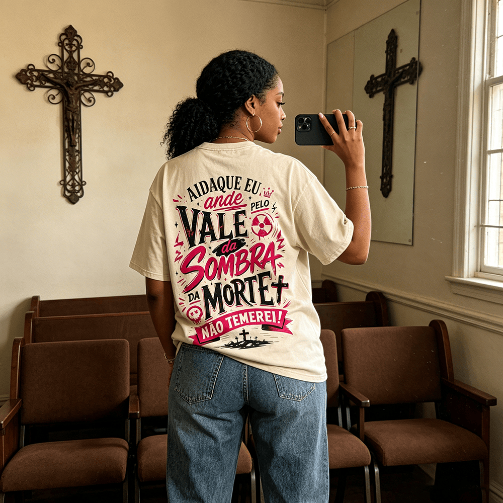 Christianartworkshop Ainda Que Eu Ande Pelo Vale Da Sombra Da Morte Cross Grave Crown Portuguese Faith Back Print Vintage Washed Unisex T-Shirt