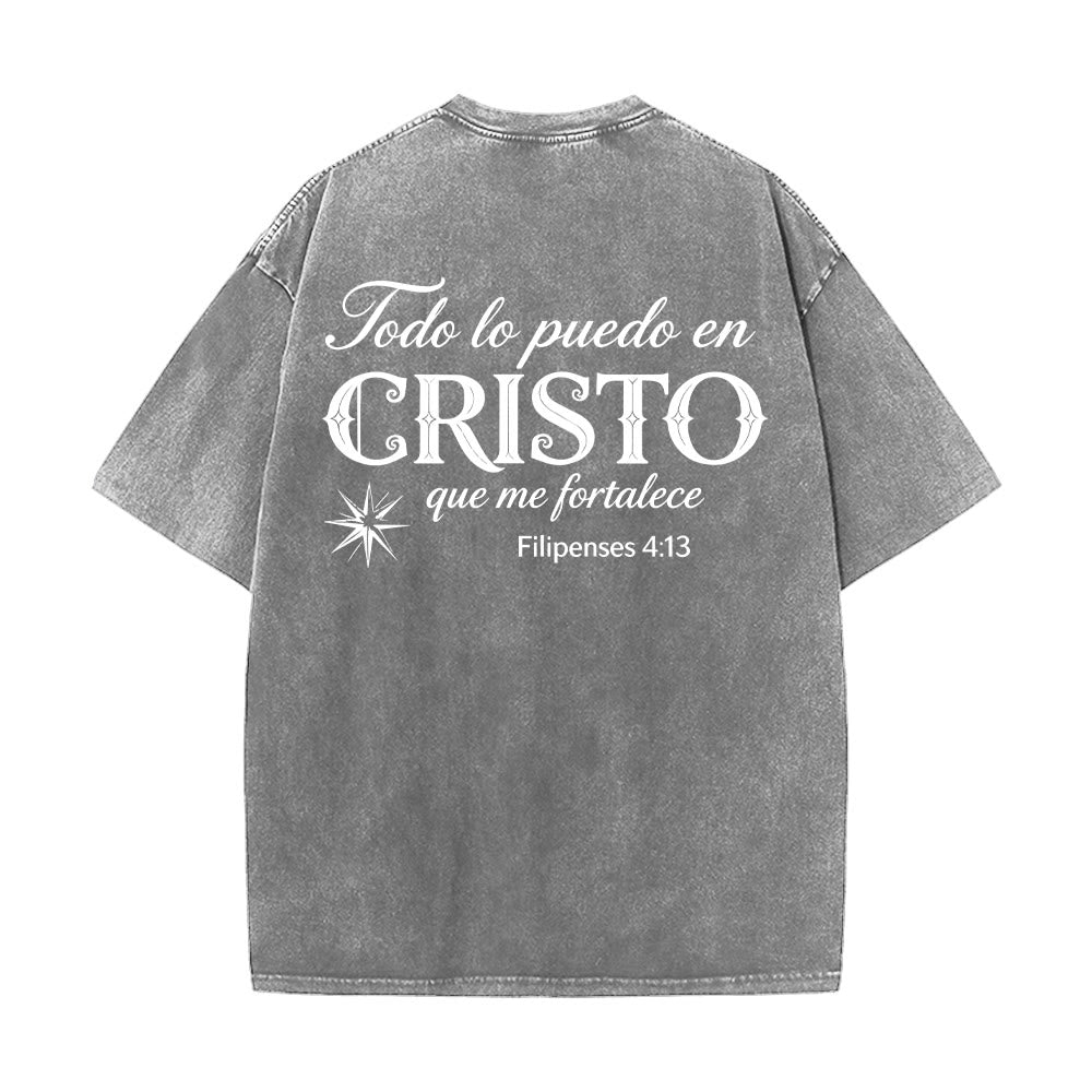 Christianartworkshop Elegant Dual Font Spanish Spiritual Verse Tiny Star Back Washed Unisex T-Shirt