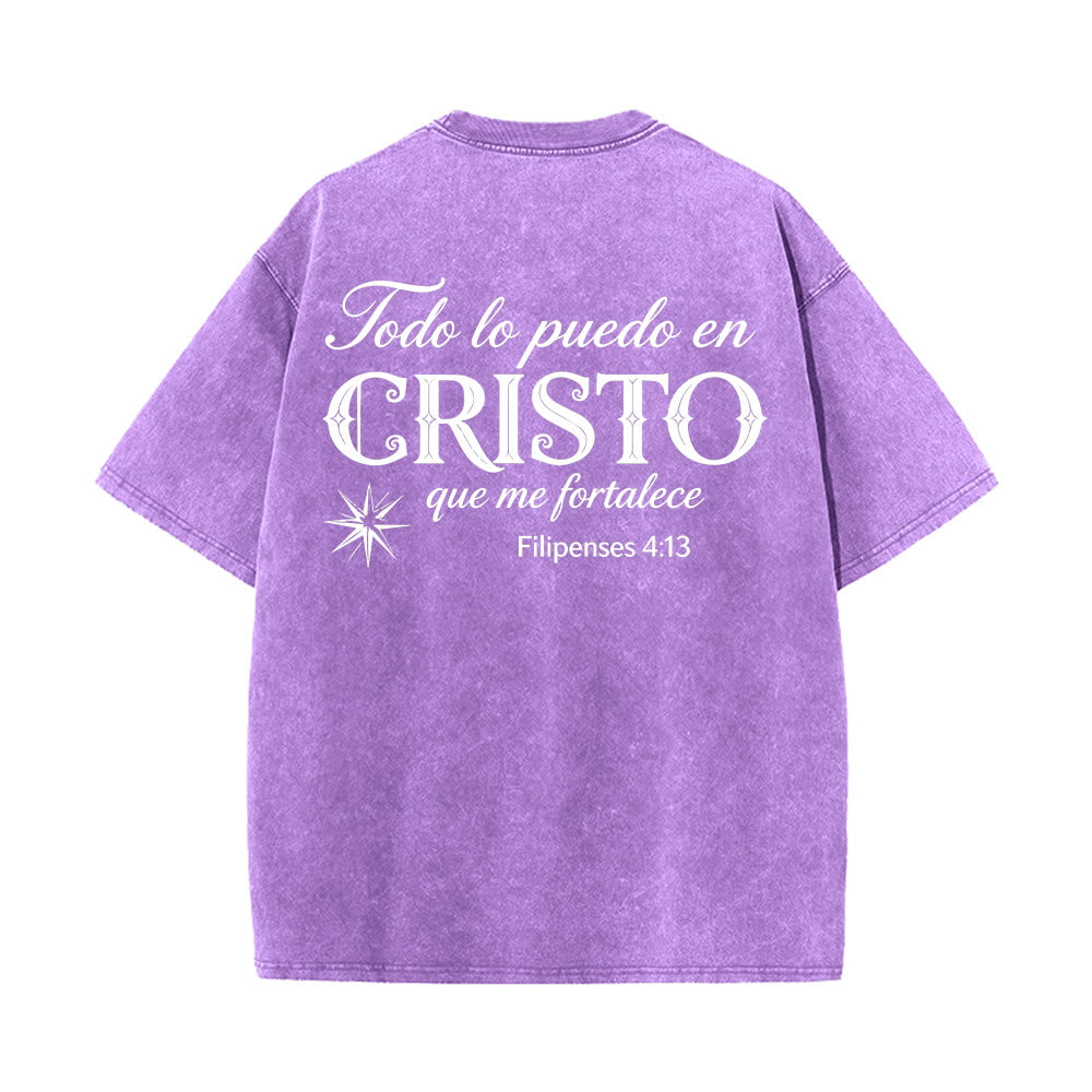 Christianartworkshop Elegant Dual Font Spanish Spiritual Verse Tiny Star Back Washed Unisex T-Shirt