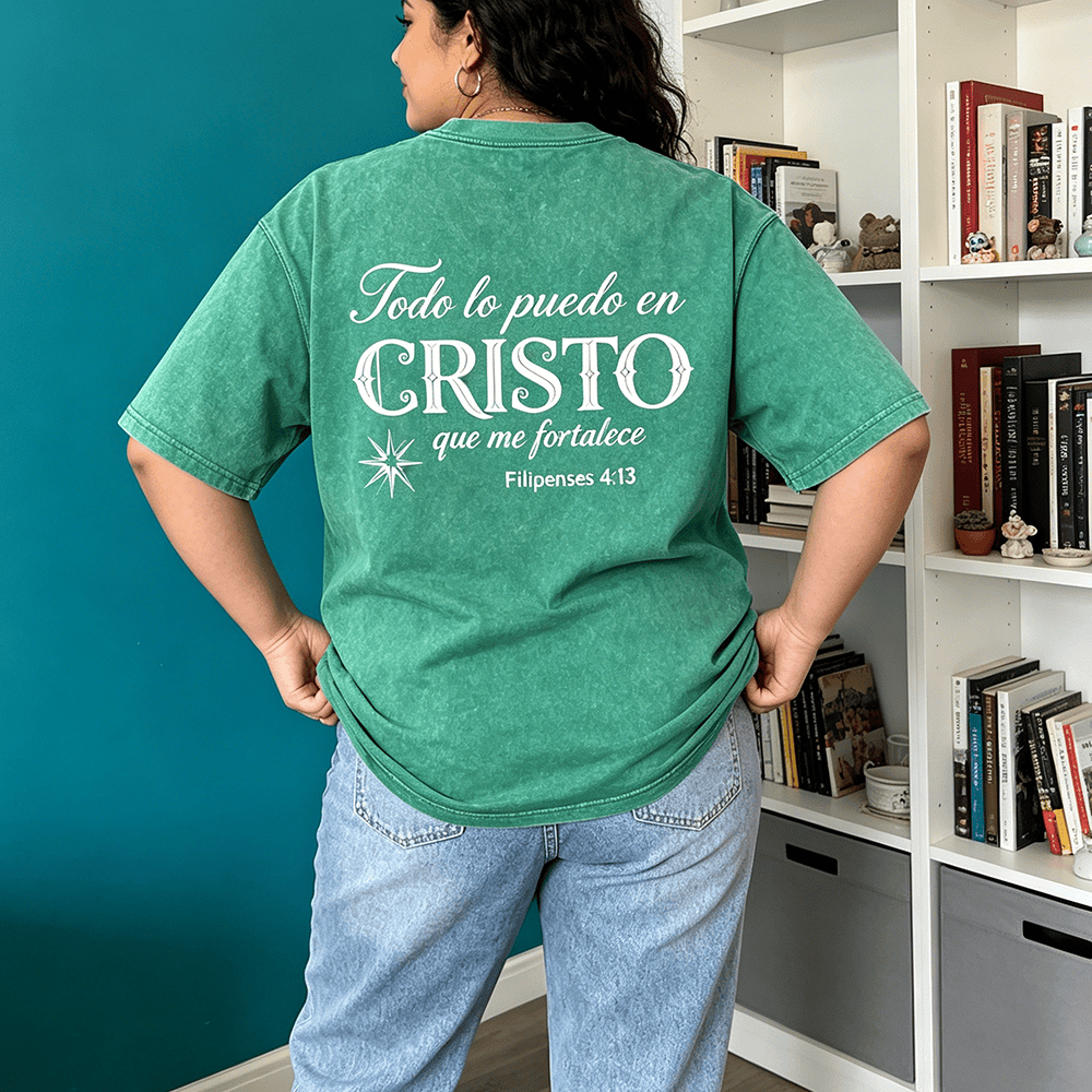Christianartworkshop Elegant Dual Font Spanish Spiritual Verse Tiny Star Back Washed Unisex T-Shirt