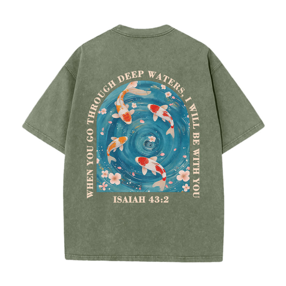 Christianartworkshop Curved Arch Wording Isaiah 43:2 Oriental Koi Floral Arrangement Dual Side Faith Washed Unisex T-Shirt