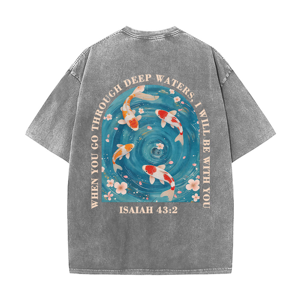 Christianartworkshop Curved Arch Wording Isaiah 43:2 Oriental Koi Floral Arrangement Dual Side Faith Washed Unisex T-Shirt