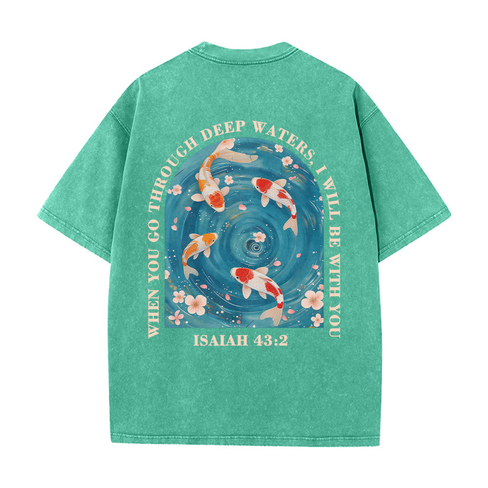 Christianartworkshop Curved Arch Wording Isaiah 43:2 Oriental Koi Floral Arrangement Dual Side Faith Washed Unisex T-Shirt