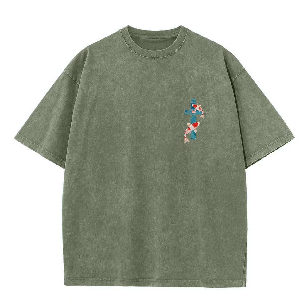 Christianartworkshop Curved Arch Wording Isaiah 43:2 Oriental Koi Floral Arrangement Dual Side Faith Washed Unisex T-Shirt