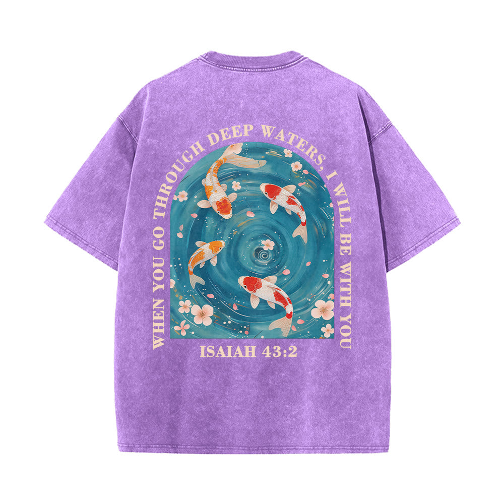 Christianartworkshop Curved Arch Wording Isaiah 43:2 Oriental Koi Floral Arrangement Dual Side Faith Washed Unisex T-Shirt
