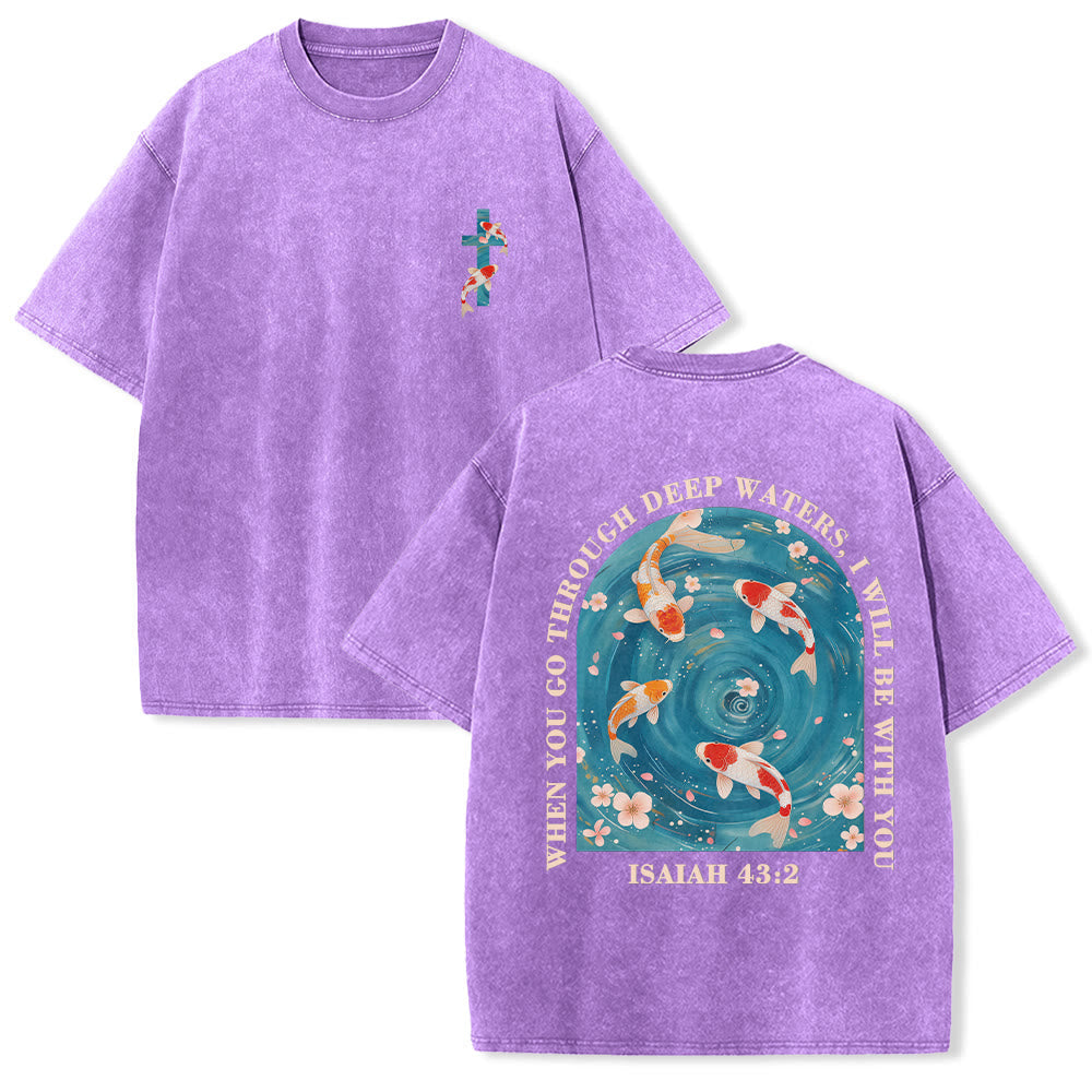 Christianartworkshop Curved Arch Wording Isaiah 43:2 Oriental Koi Floral Arrangement Dual Side Faith Washed Unisex T-Shirt