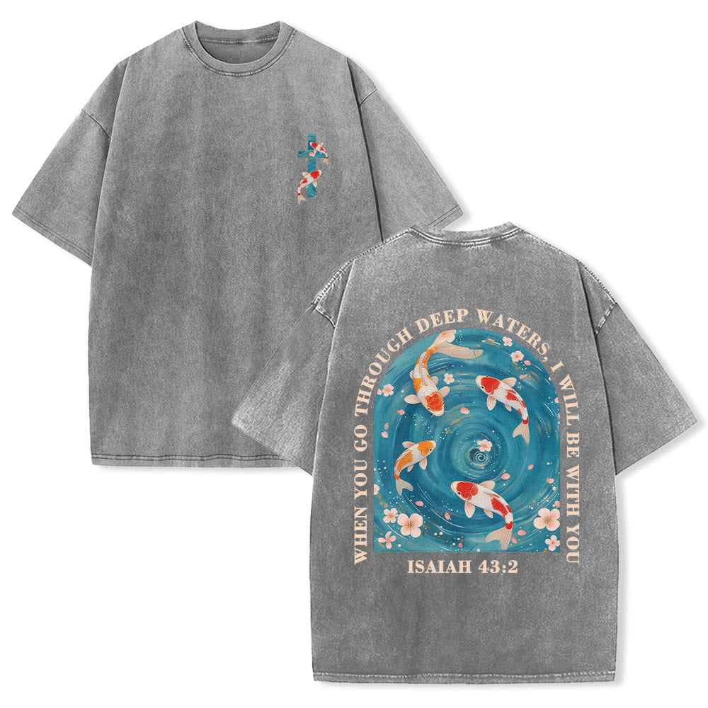 Christianartworkshop Curved Arch Wording Isaiah 43:2 Oriental Koi Floral Arrangement Dual Side Faith Washed Unisex T-Shirt